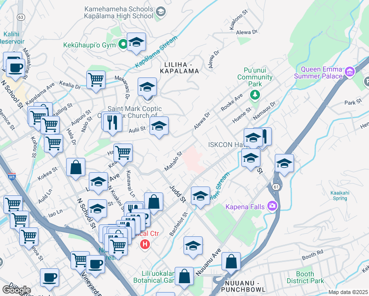map of restaurants, bars, coffee shops, grocery stores, and more near 2222 Mahalo Street in Honolulu