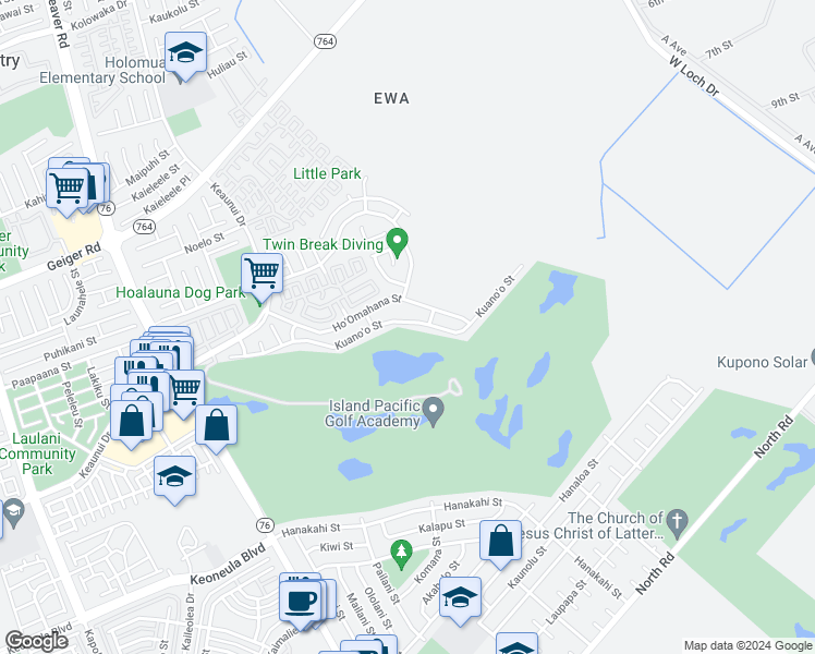 map of restaurants, bars, coffee shops, grocery stores, and more near 91-1223 Kuano'o Street in Ewa Beach