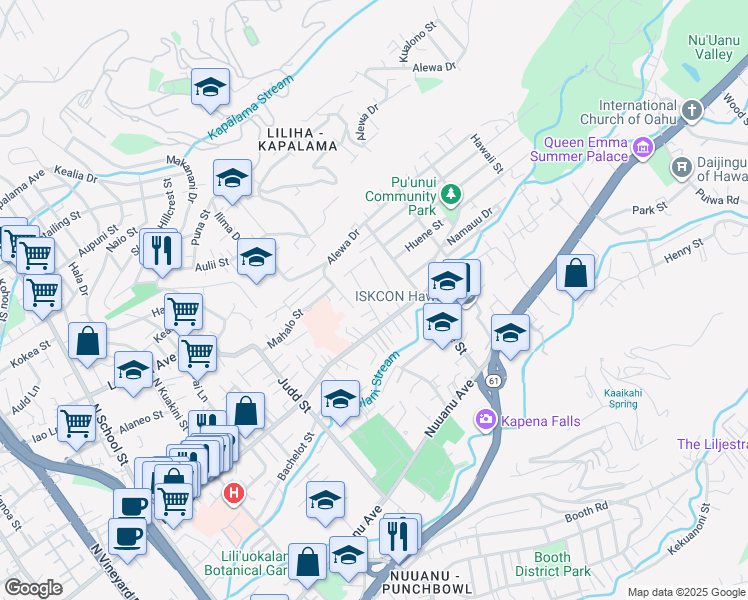 map of restaurants, bars, coffee shops, grocery stores, and more near 519 Ekekela Place in Honolulu