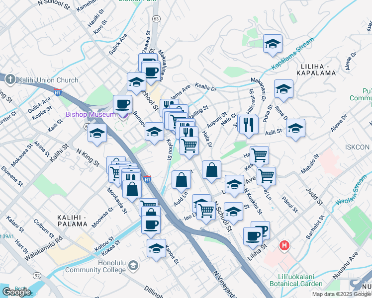 map of restaurants, bars, coffee shops, grocery stores, and more near North School Street in Honolulu