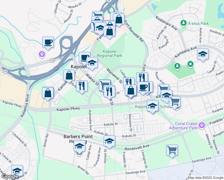 map of restaurants, bars, coffee shops, grocery stores, and more near 781 Wakea Street in Kapolei
