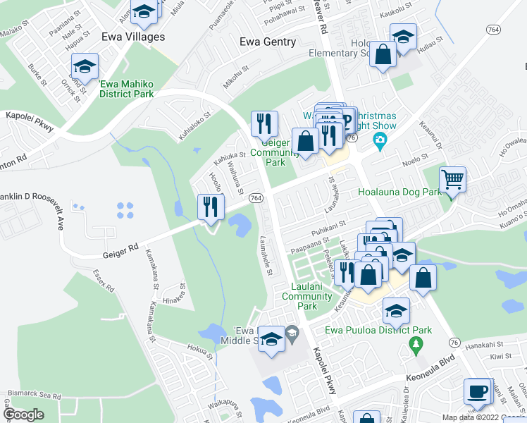 map of restaurants, bars, coffee shops, grocery stores, and more near 91-239 Lukini Place in Ewa Beach
