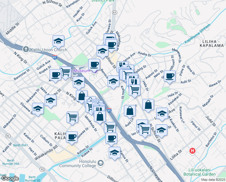 map of restaurants, bars, coffee shops, grocery stores, and more near 1401 Houghtailing Street in Honolulu