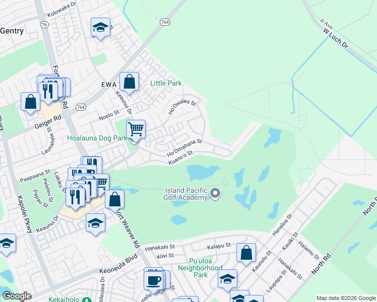 map of restaurants, bars, coffee shops, grocery stores, and more near 91-1196 Kuano'o Street in Ewa Beach