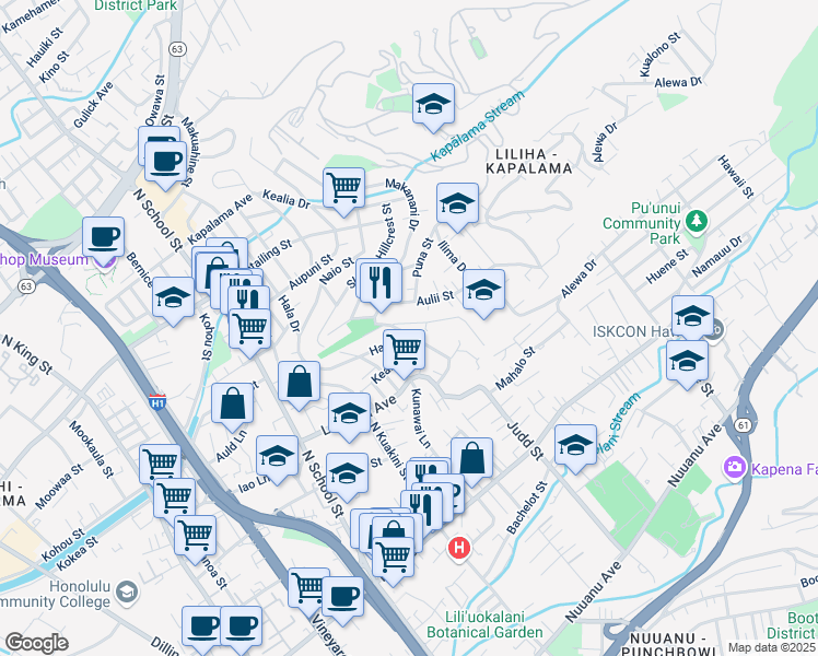 map of restaurants, bars, coffee shops, grocery stores, and more near 2139 Aulii Street in Honolulu