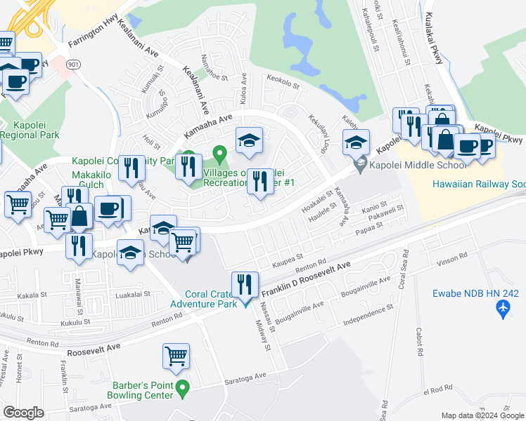 map of restaurants, bars, coffee shops, grocery stores, and more near 91-1197 Kaiau Avenue in Kapolei