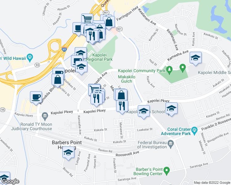 map of restaurants, bars, coffee shops, grocery stores, and more near Manawai Street in Kapolei