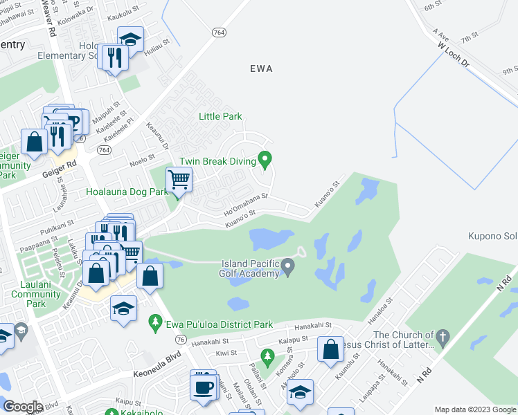 map of restaurants, bars, coffee shops, grocery stores, and more near 91-1208 Kuano'o Street in Ewa Beach