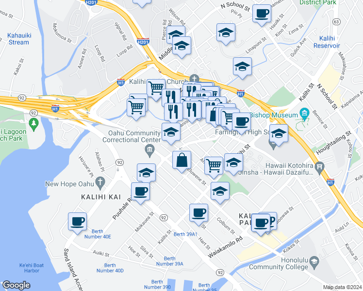 map of restaurants, bars, coffee shops, grocery stores, and more near 712 Puuhale Road in Honolulu