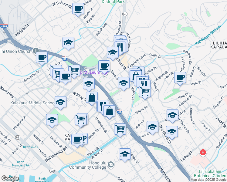 map of restaurants, bars, coffee shops, grocery stores, and more near 1224 Kapalama Avenue in Honolulu