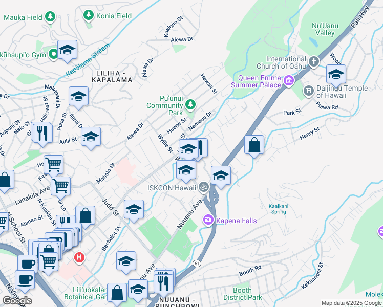 map of restaurants, bars, coffee shops, grocery stores, and more near 2435 Liliha Street in Honolulu