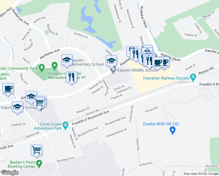 map of restaurants, bars, coffee shops, grocery stores, and more near 91-1014 Kanio Street in Kapolei