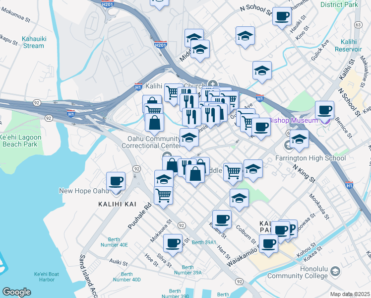 map of restaurants, bars, coffee shops, grocery stores, and more near 2142 Kaumualii Street in Honolulu