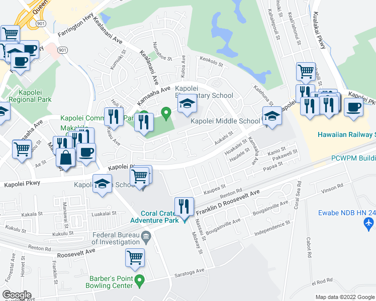 map of restaurants, bars, coffee shops, grocery stores, and more near 91-1197 Kaiau Avenue in Kapolei