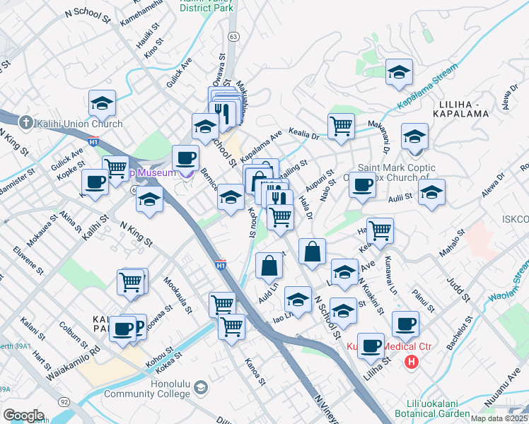 map of restaurants, bars, coffee shops, grocery stores, and more near 1315 North School Street in Honolulu