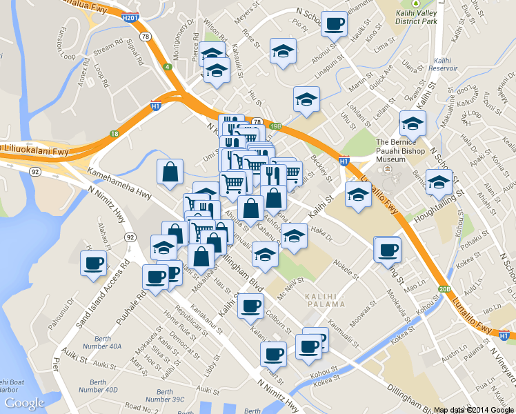 map of restaurants, bars, coffee shops, grocery stores, and more near 828 Puuhale Road in Honolulu