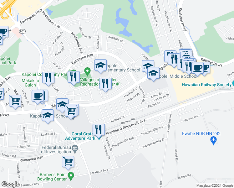 map of restaurants, bars, coffee shops, grocery stores, and more near 91-1033 Aukahi Street in Kapolei