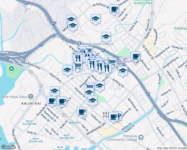 map of restaurants, bars, coffee shops, grocery stores, and more near 907 Mokauea Street in Honolulu
