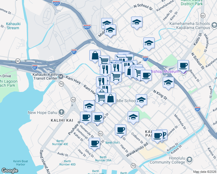 map of restaurants, bars, coffee shops, grocery stores, and more near 2021 Wilcox Lane in Honolulu