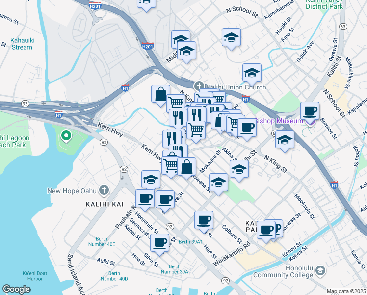 map of restaurants, bars, coffee shops, grocery stores, and more near 735 Kopke Street in Honolulu