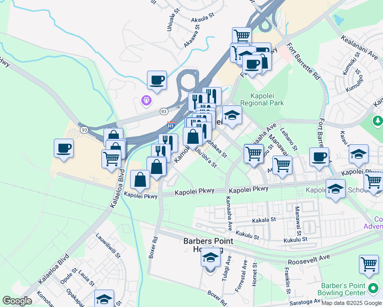 map of restaurants, bars, coffee shops, grocery stores, and more near 601 Kamokila Boulevard in Kapolei
