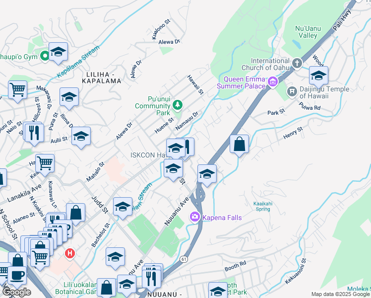 map of restaurants, bars, coffee shops, grocery stores, and more near 487 Luakini Street in Honolulu