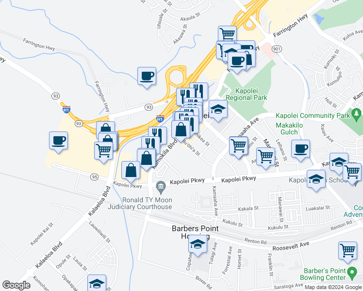 map of restaurants, bars, coffee shops, grocery stores, and more near 601 Kamokila Boulevard in Kapolei
