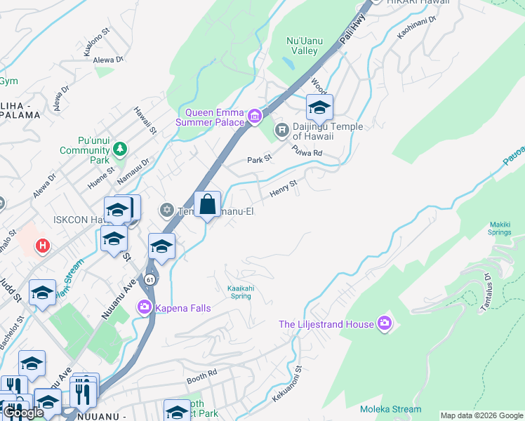 map of restaurants, bars, coffee shops, grocery stores, and more near 2633 Henry Street in Honolulu