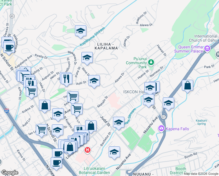 map of restaurants, bars, coffee shops, grocery stores, and more near 846 Alewa Drive in Honolulu