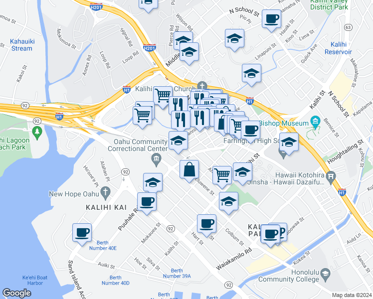 map of restaurants, bars, coffee shops, grocery stores, and more near 735 Kopke Street in Honolulu