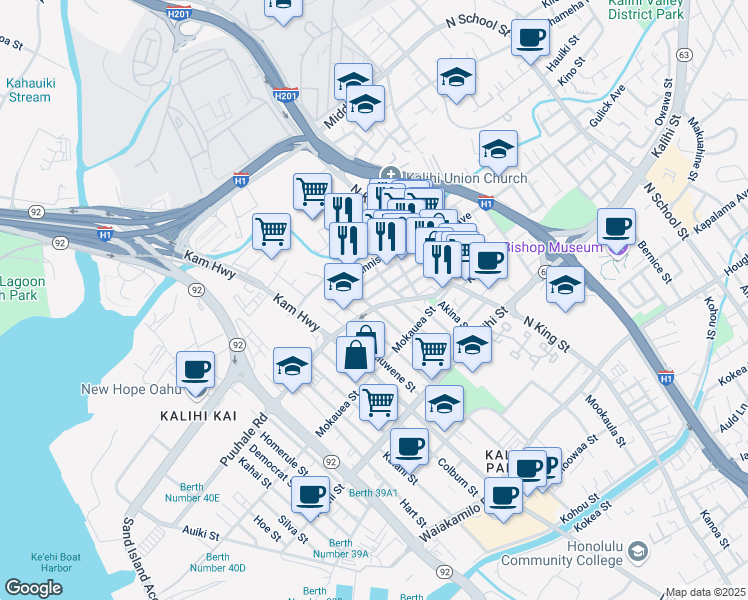 map of restaurants, bars, coffee shops, grocery stores, and more near 735 Kopke Street in Honolulu
