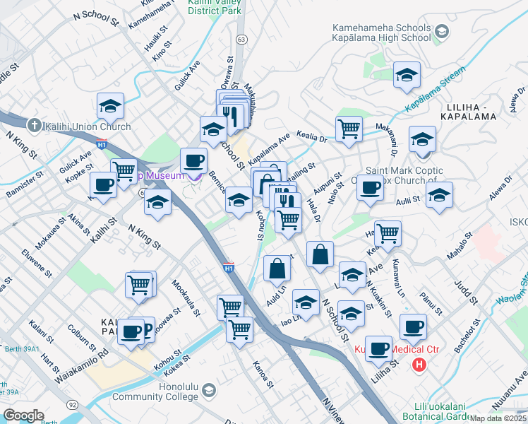 map of restaurants, bars, coffee shops, grocery stores, and more near 1315 North School Street in Honolulu