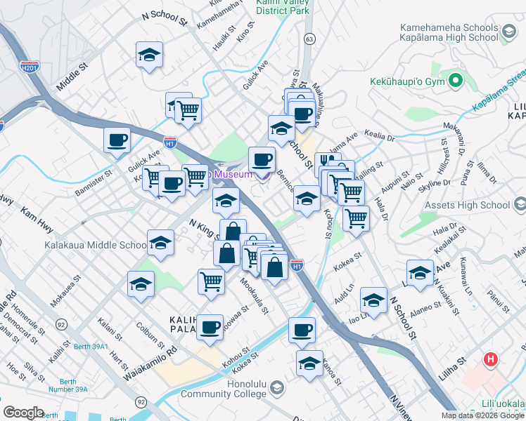 map of restaurants, bars, coffee shops, grocery stores, and more near 1268 Kapalama Avenue in Honolulu