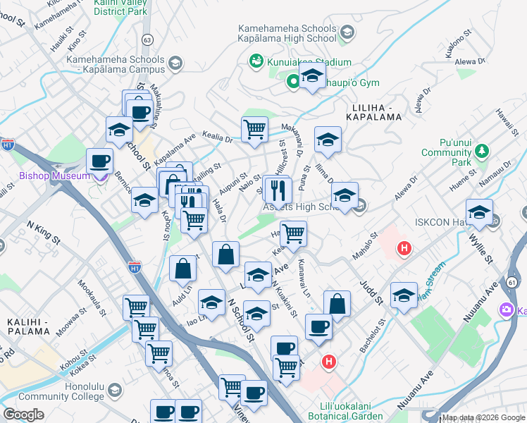 map of restaurants, bars, coffee shops, grocery stores, and more near 2009 Makanani Drive in Honolulu