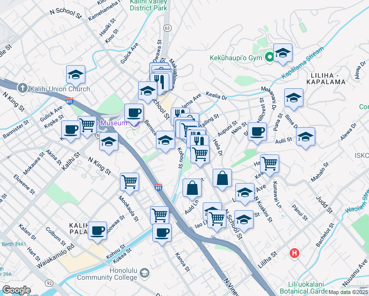 map of restaurants, bars, coffee shops, grocery stores, and more near 1315 North School Street in Honolulu