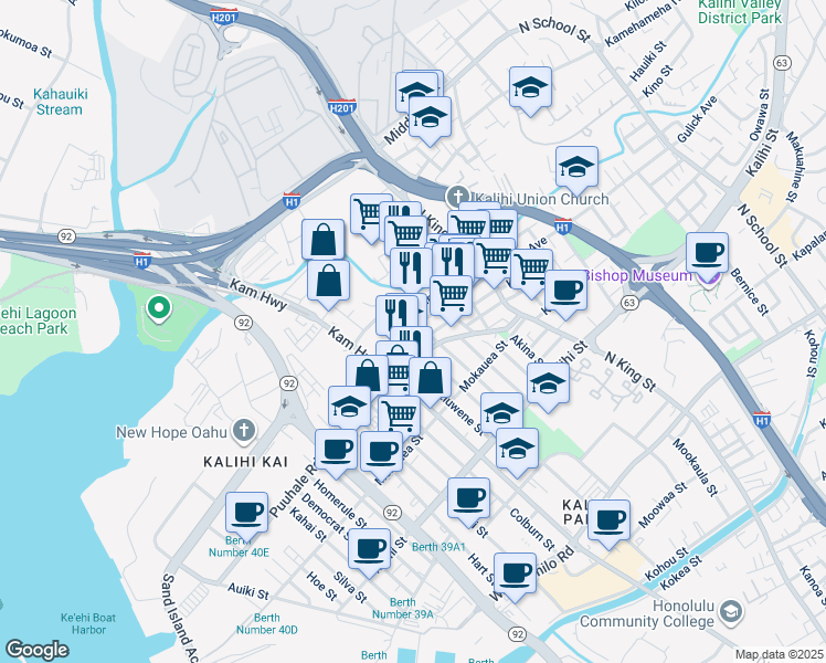 map of restaurants, bars, coffee shops, grocery stores, and more near 2142 Kaumualii Street in Honolulu