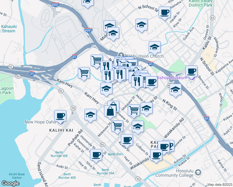 map of restaurants, bars, coffee shops, grocery stores, and more near 735 Kopke Street in Honolulu