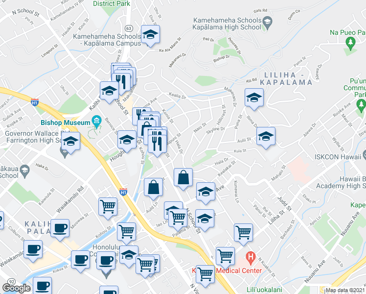 map of restaurants, bars, coffee shops, grocery stores, and more near 1720 Naio Street in Honolulu