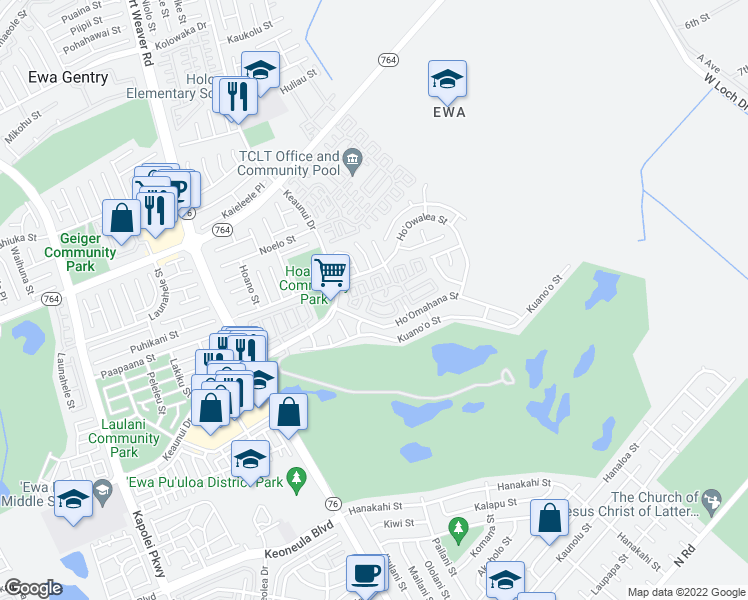 map of restaurants, bars, coffee shops, grocery stores, and more near 91-2286 Kanela Street in Ewa Beach