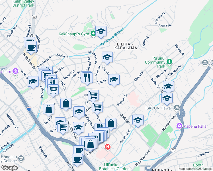 map of restaurants, bars, coffee shops, grocery stores, and more near 2080 Kula Street in Honolulu