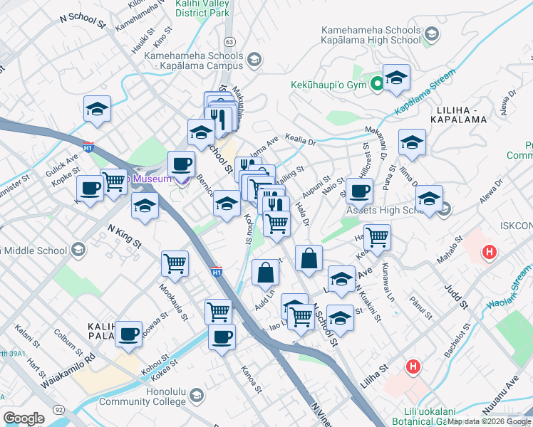 map of restaurants, bars, coffee shops, grocery stores, and more near 1315 North School Street in Honolulu