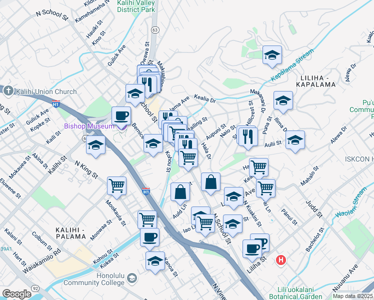 map of restaurants, bars, coffee shops, grocery stores, and more near 1618 Aupuni Street in Honolulu