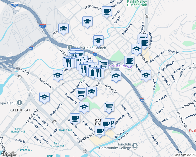 map of restaurants, bars, coffee shops, grocery stores, and more near 1818 North King Street in Honolulu