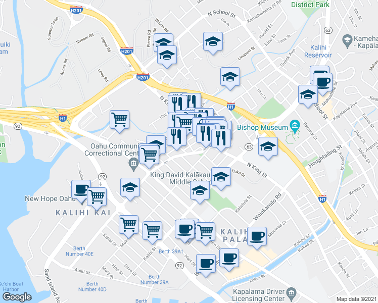 map of restaurants, bars, coffee shops, grocery stores, and more near 828 Puuhale Road in Honolulu