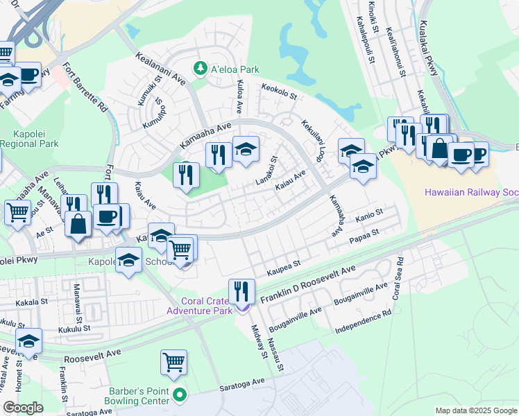 map of restaurants, bars, coffee shops, grocery stores, and more near 91-1197 Kaiau Avenue in Kapolei