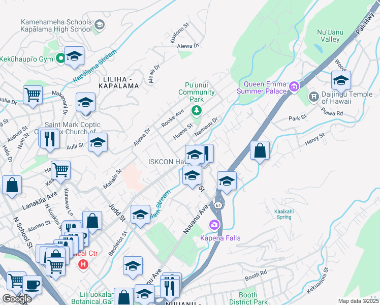 map of restaurants, bars, coffee shops, grocery stores, and more near 2435 Liliha Street in Honolulu