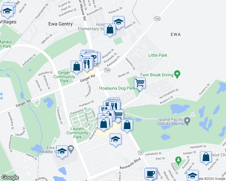 map of restaurants, bars, coffee shops, grocery stores, and more near 91-316 Hulikoa Place in Ewa Beach