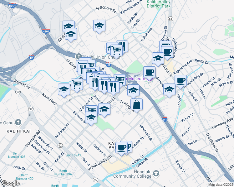 map of restaurants, bars, coffee shops, grocery stores, and more near 1022 Hawaii 63 in Honolulu