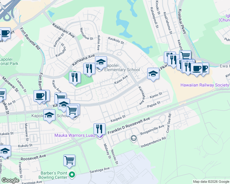 map of restaurants, bars, coffee shops, grocery stores, and more near 91-1032 Aukahi Street in Kapolei