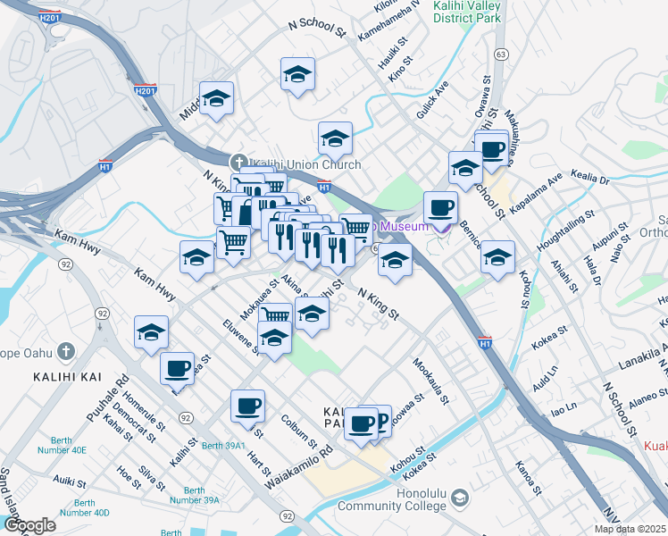 map of restaurants, bars, coffee shops, grocery stores, and more near 1742 North King Street in Honolulu